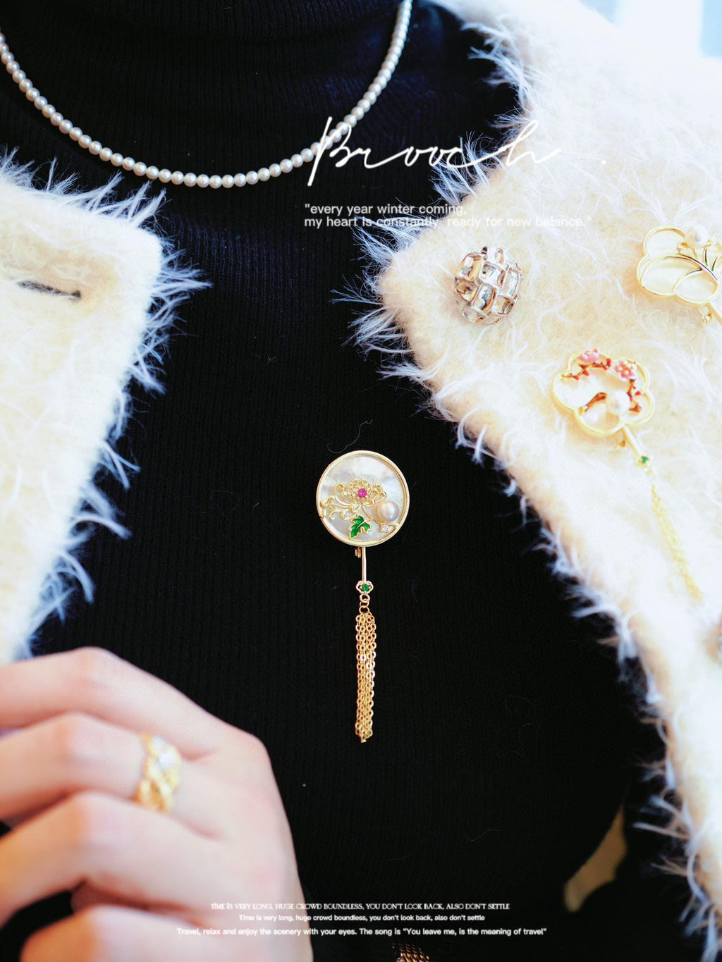 Chrysanthemum Oriental Brooch | 6-7mm Natural Round Pearl, Gold-Plated Copper & Mother-of-Pearl