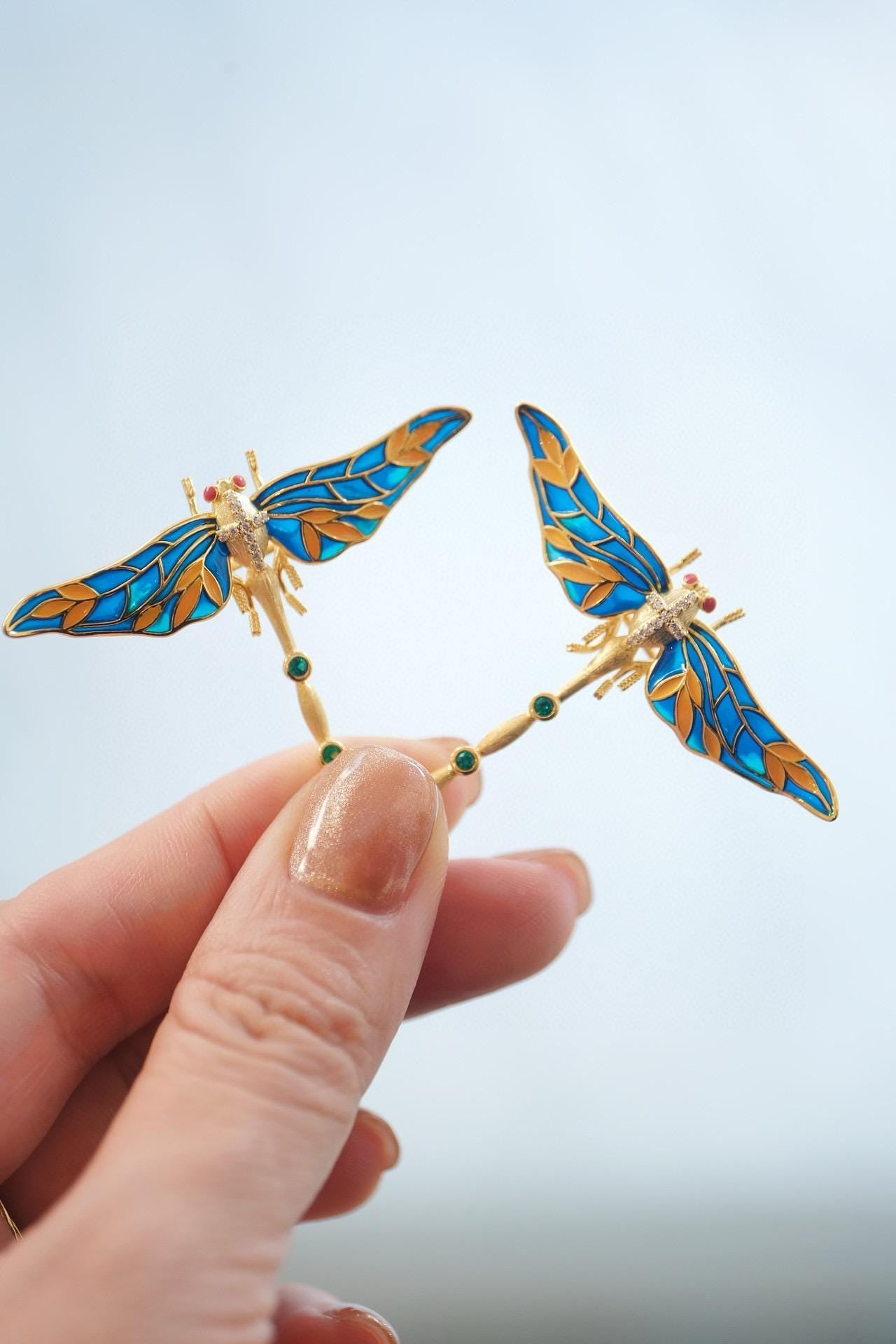 Enamel Dragonfly Brooch | Sterling Silver Gold-Plated, Vibrant Enamel Art