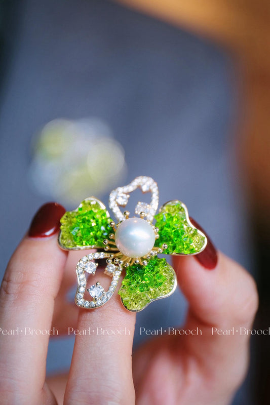 Spring in Winter Floral Brooch | Gradient Green Crystal & 10-11mm Natural Edison Pearl