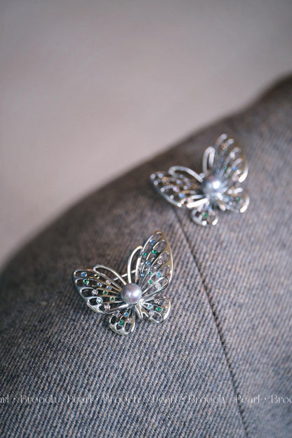 Vintage Inspired Butterfly Brooch - Japanese Akoya Ginjo Silver Gray Pearl