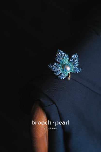 Autumn Keepsake Maple Leaf Brooch | Gradient Blue Zircon & 10-11mm Tahitian Saltwater Pearl