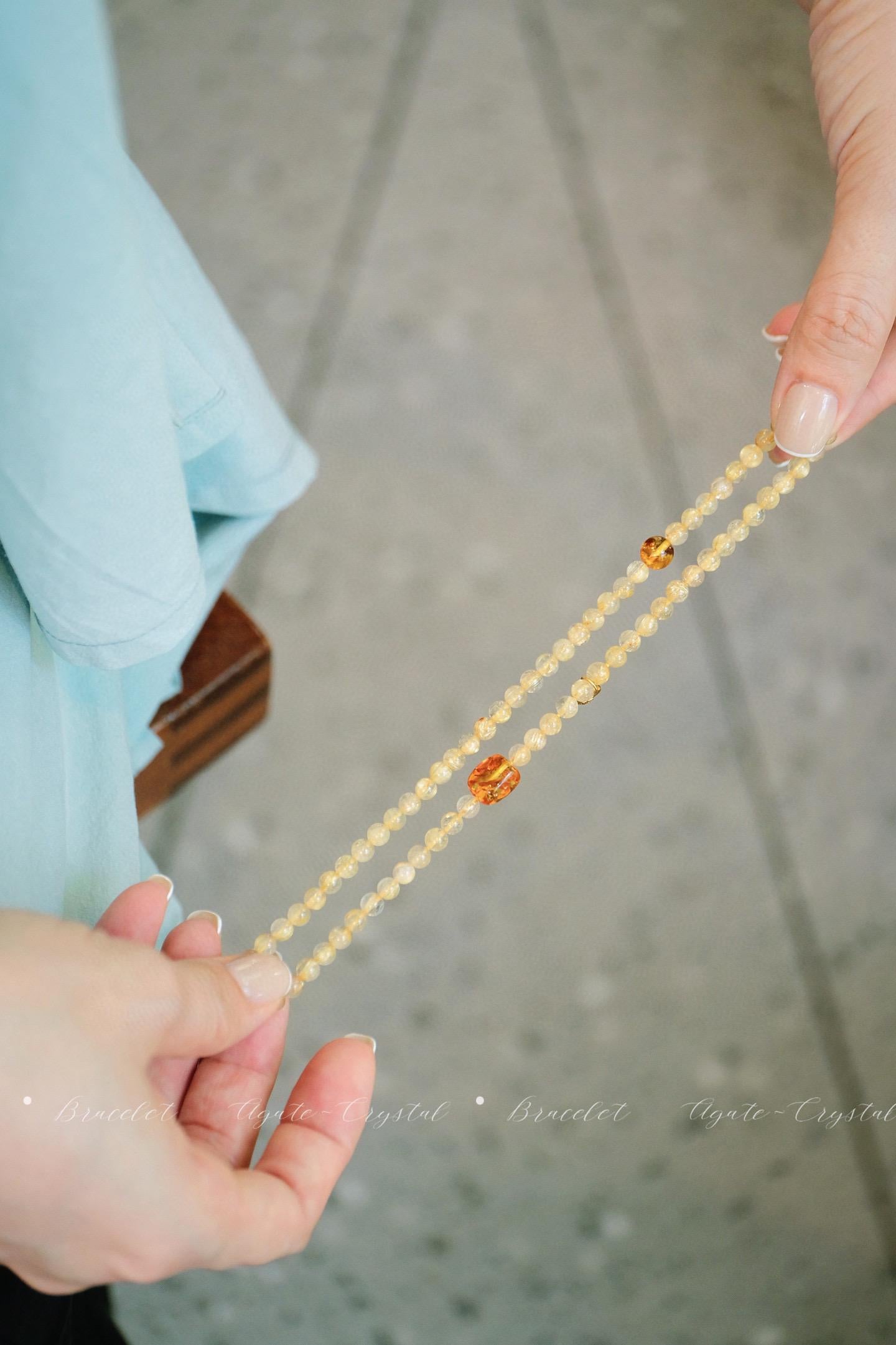 Double-Loop Rutilated Quartz Bracelet | 5mm Silver Gold-Plated Amber Accent