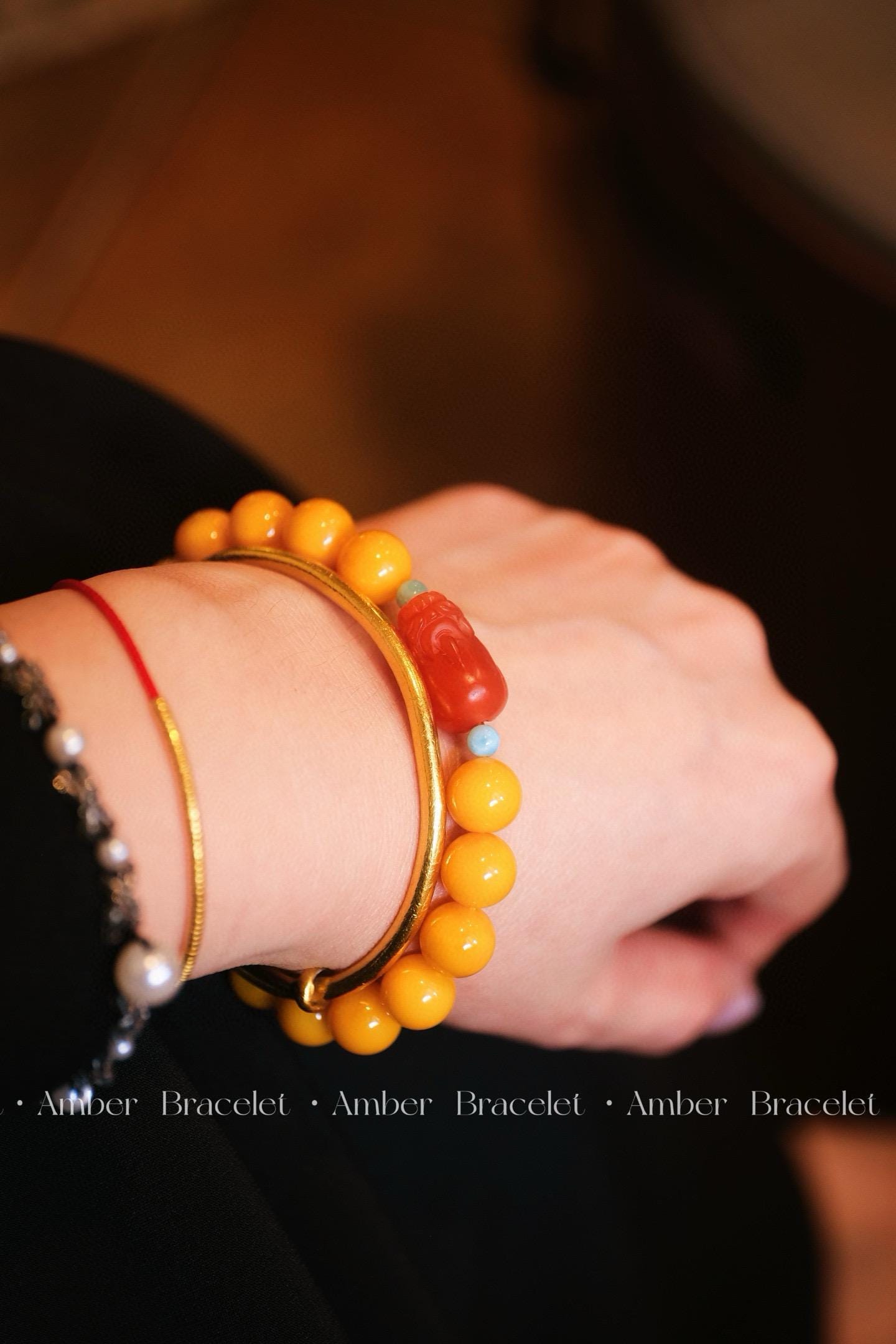 Amber Nanhong Bracelet | 10mm Beeswax Amber with Pixiu Charm