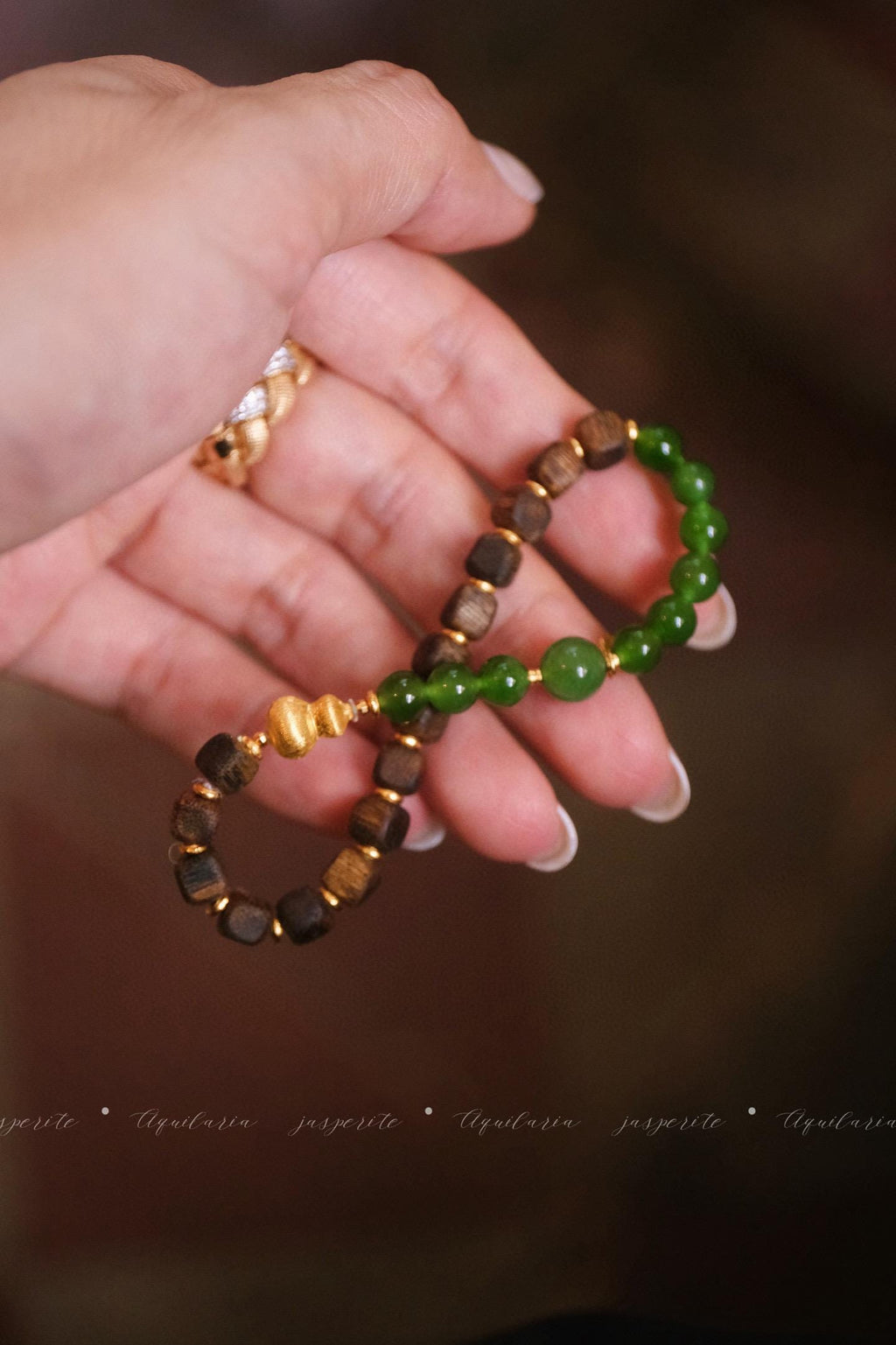 Jasper Wood Bracelet | Silver Gold-Plated Gourd Charm