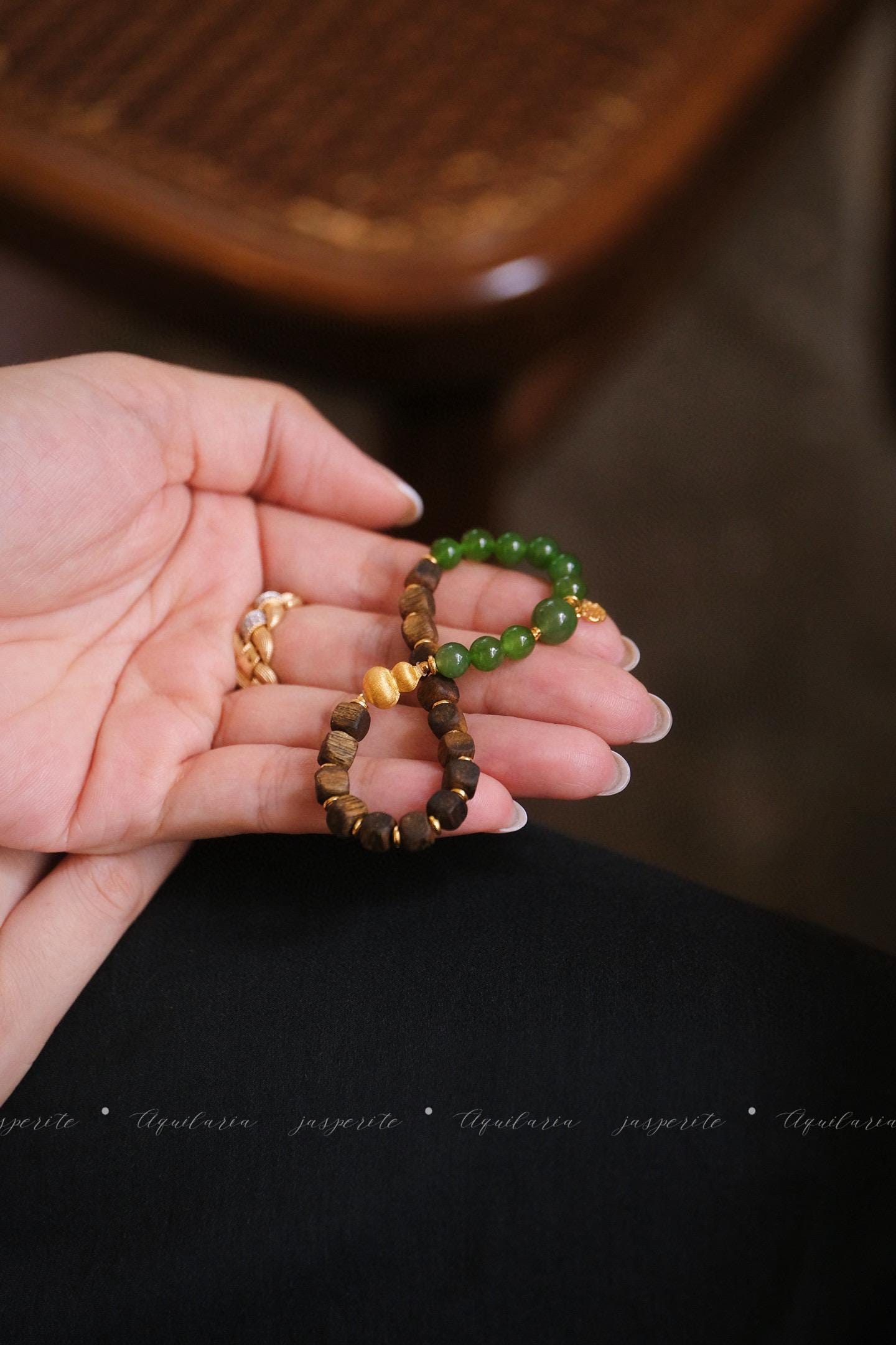 Jasper Wood Bracelet | Silver Gold-Plated Gourd Charm