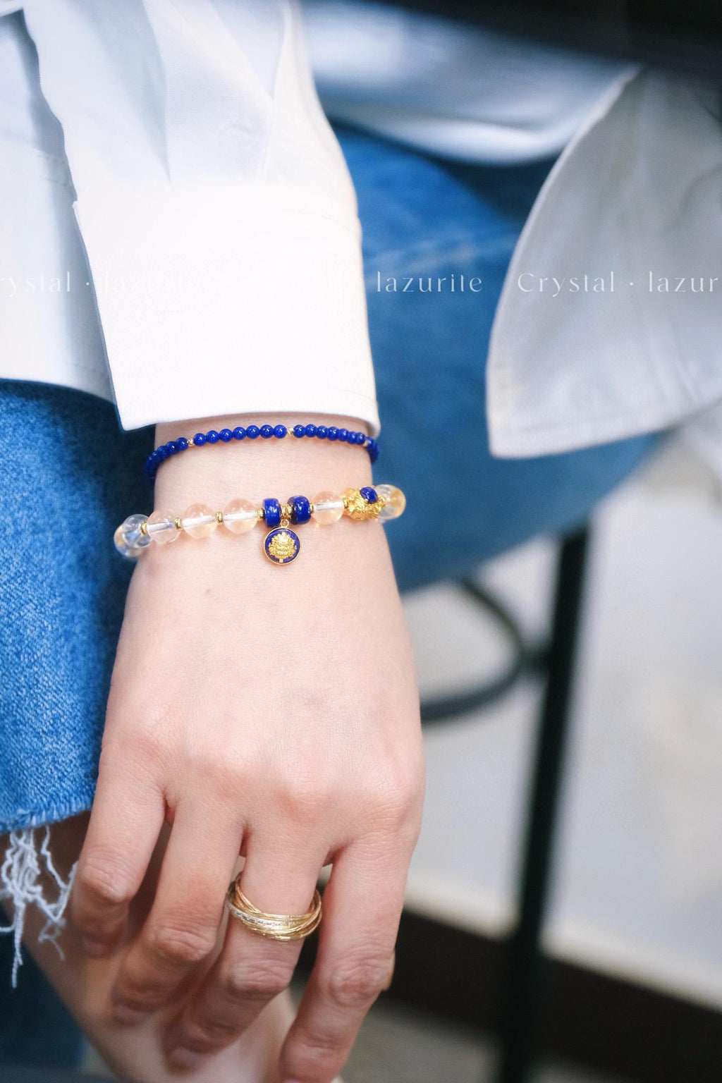 Clear Quartz Lapis Lazuli Bracelet | 8mm S925 Silver Gold-Plated Charm