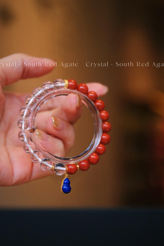 Clear Quartz & Red Agate Bracelet | Silver Lapis Lazuli Peanut Charm