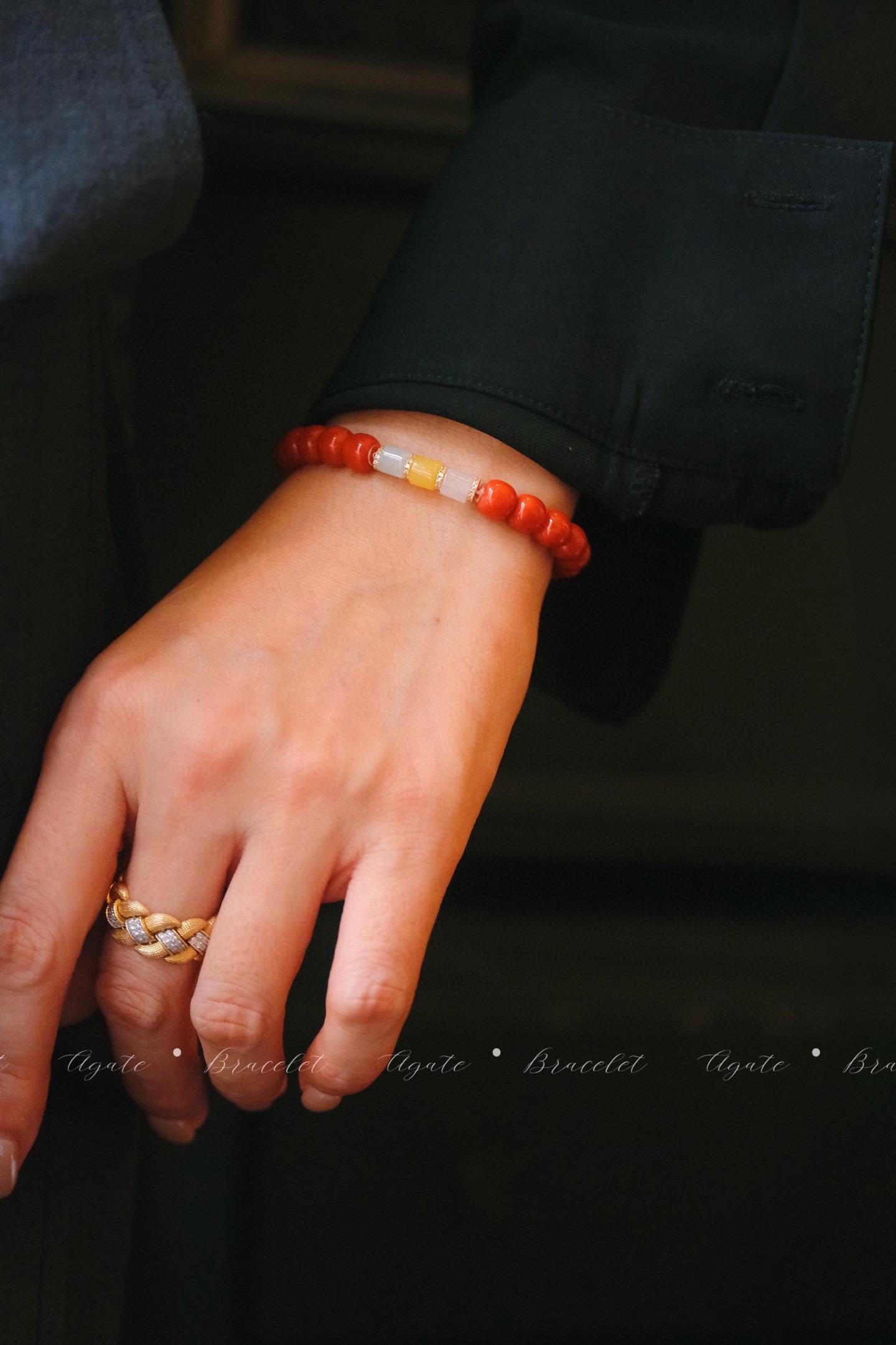Neo-Chinese Red Agate Bracelet | 3-Color Jade Contrast Vintage Beads