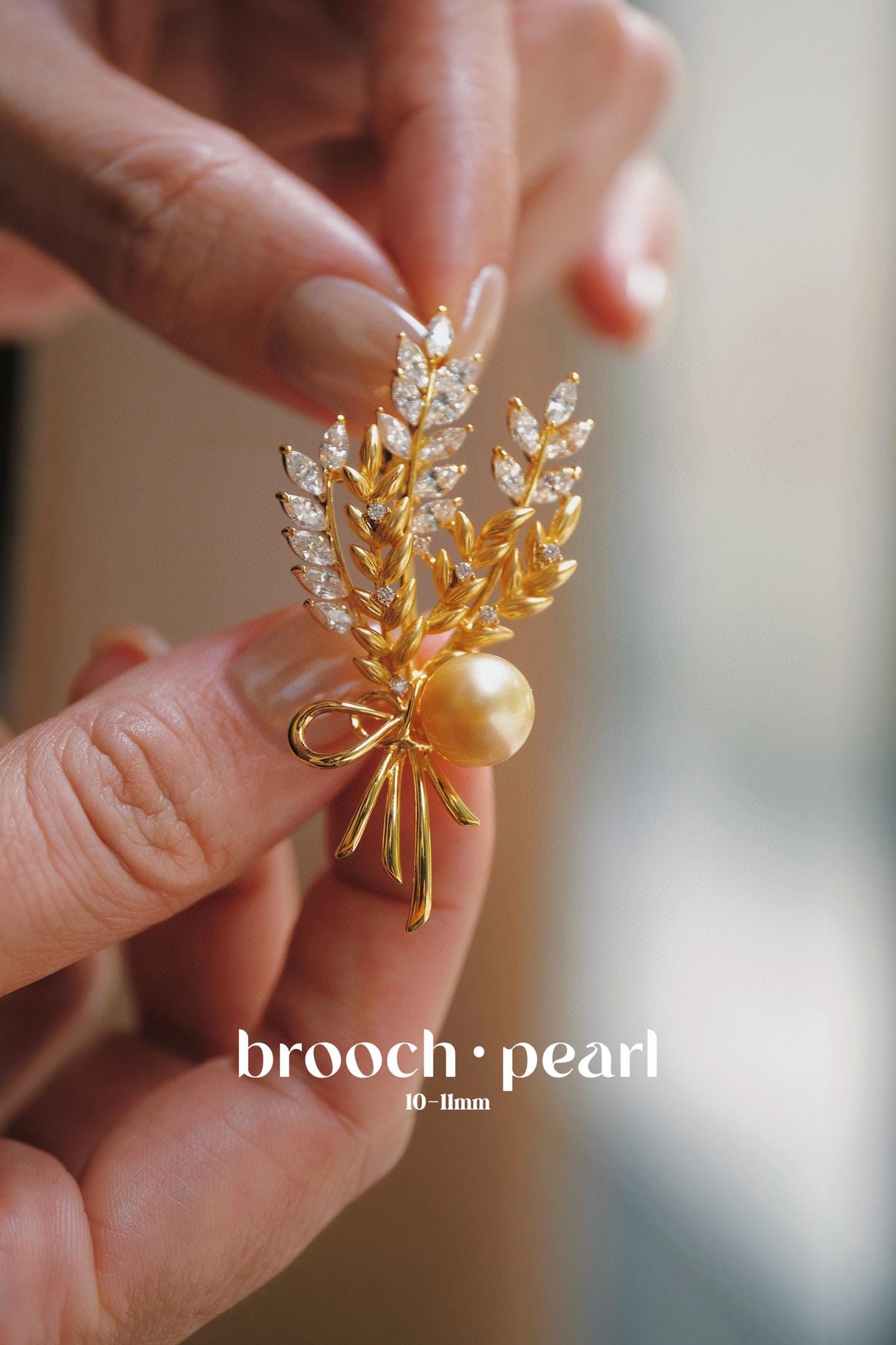 Wheat Golden Seawater Pearl Brooch | 10-11mm Zircon Accent Pin