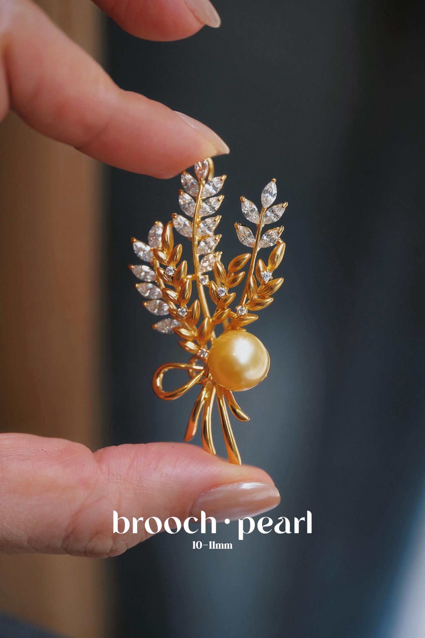 Wheat Golden Seawater Pearl Brooch | 10-11mm Zircon Accent Pin