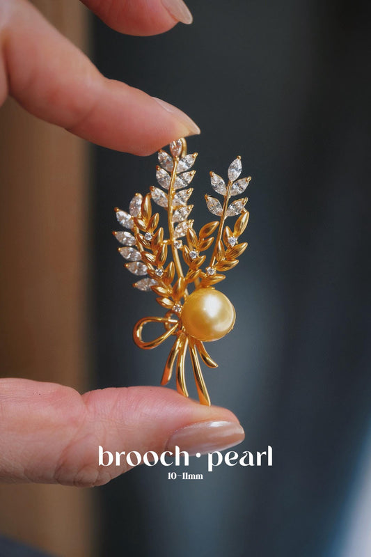 Wheat Golden Seawater Pearl Brooch | 10-11mm Zircon Accent Pin