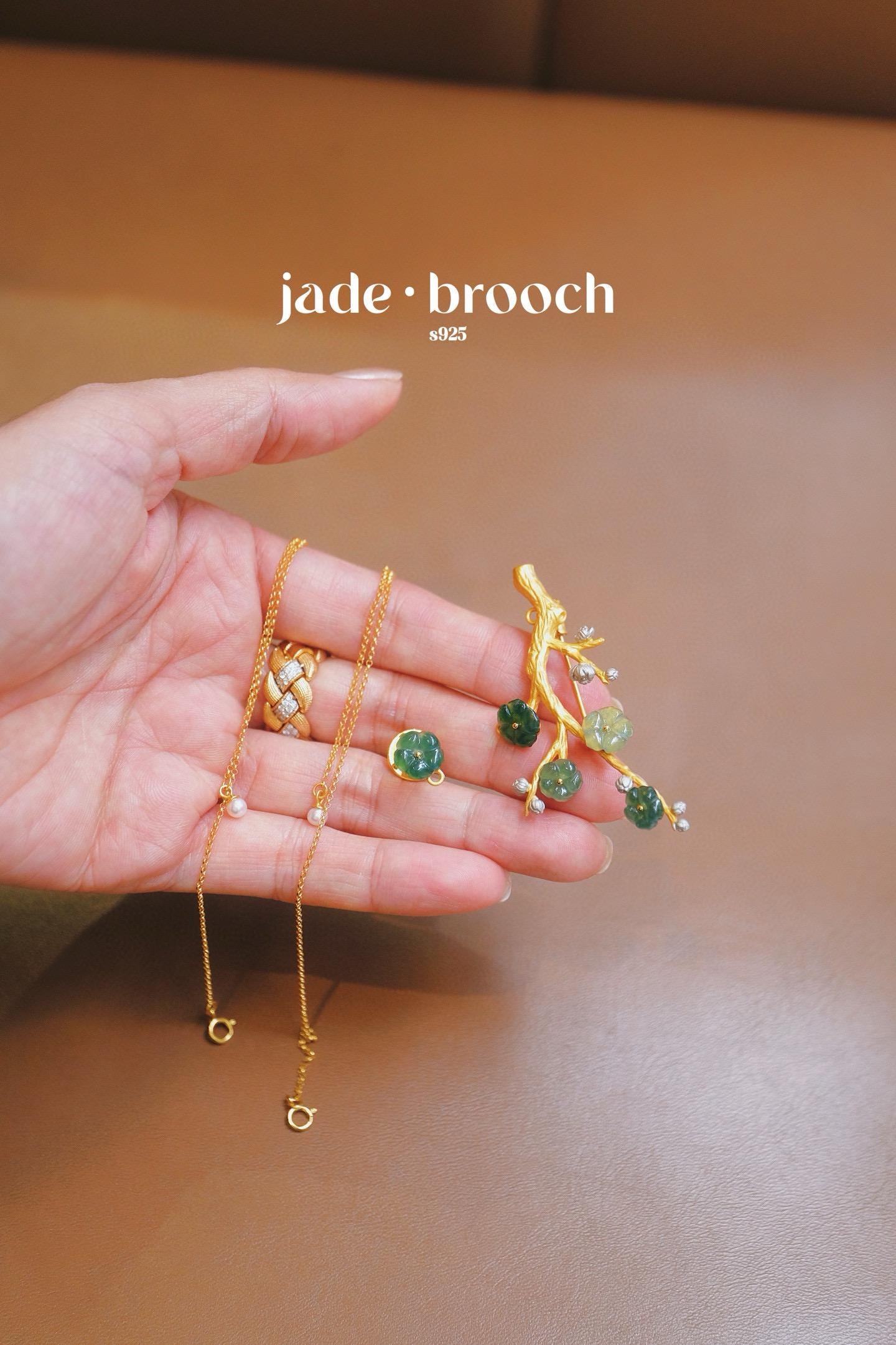 Jadeite Plum Blossom Brooch | Convertible Silver Gold-Plated Multi-Wear Pin