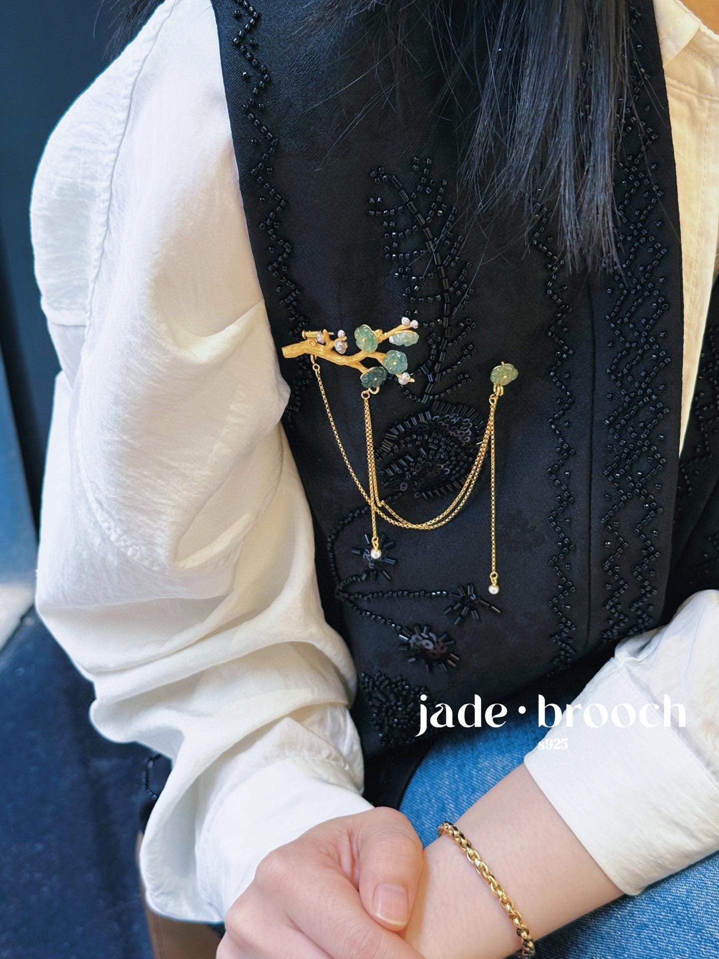 Jadeite Plum Blossom Brooch | Convertible Silver Gold-Plated Multi-Wear Pin