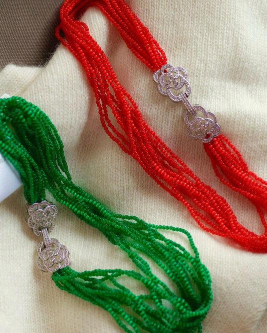 Vintage Chunky Cat's Eye Bead Necklace | 2mm Red or Green Gemstone