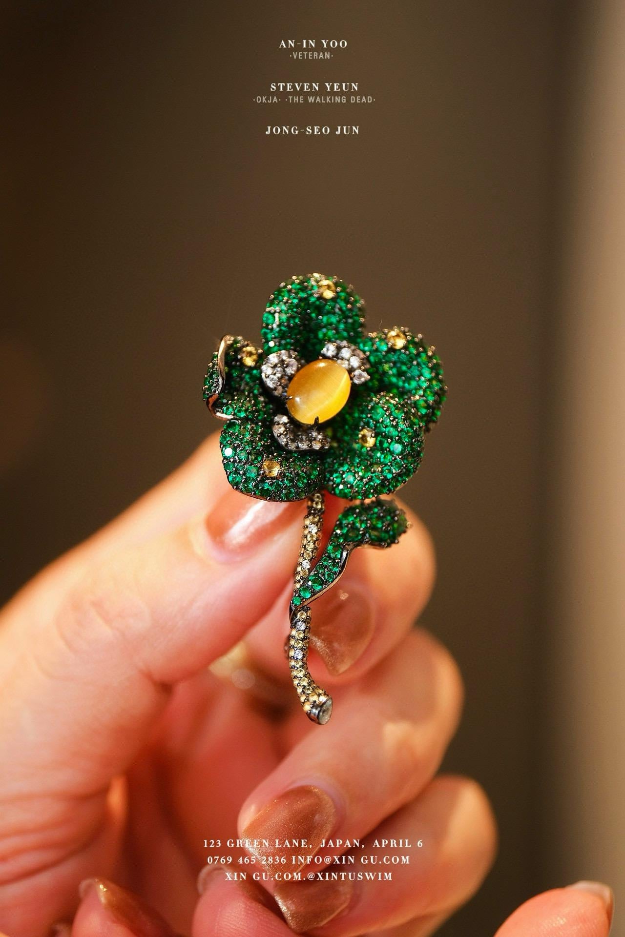 Blooming Flower Brooch | Silver Zircon Cat’s Eye Pin