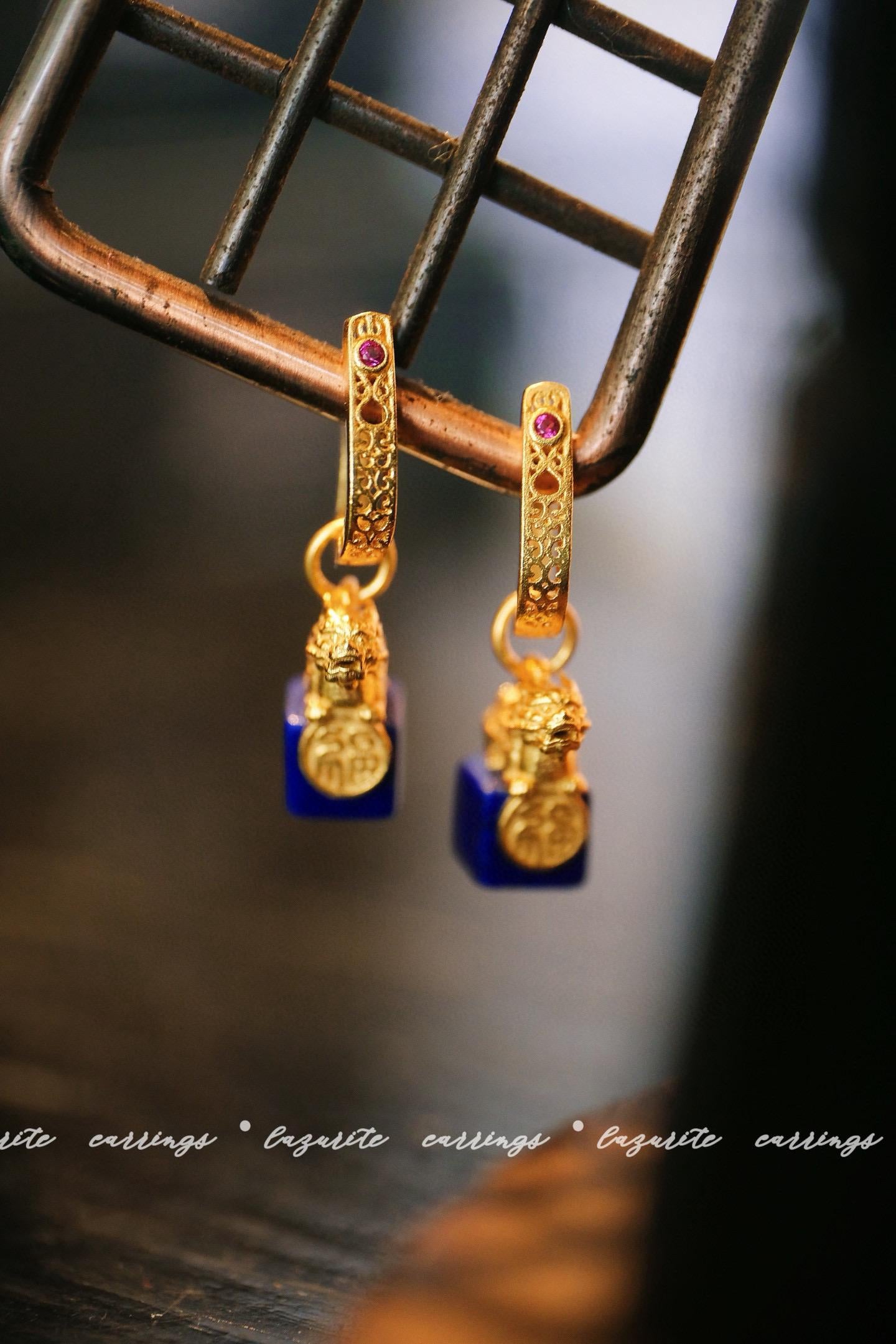 Lapis Lazuli Pixiu Ear Buckles | Silver Gold-Plated Fortune Charm Earrings