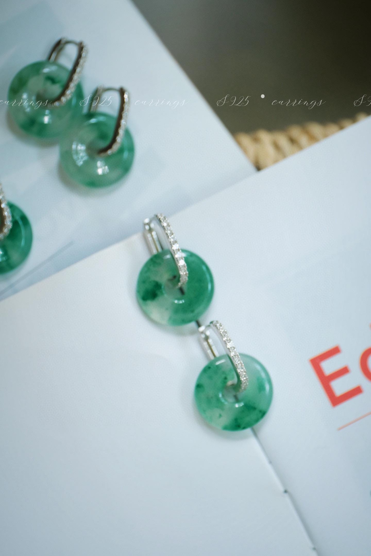 Ice-Floating African Jade Huggie Earrings | 15mm S925 Silver Zircon Minimalist