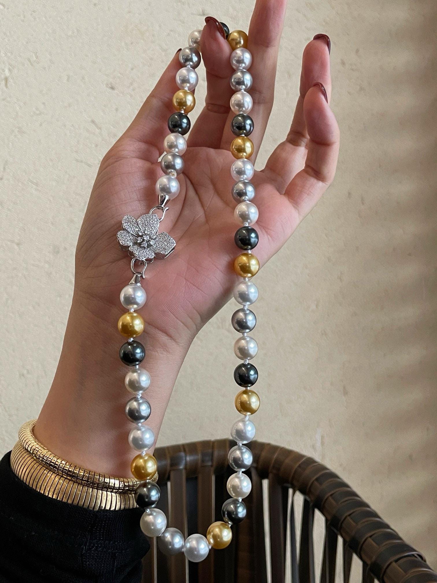 Maillard Color Pearl Necklace | 10mm Mixed Pearl S925 Silver Diamond Flower Clasp