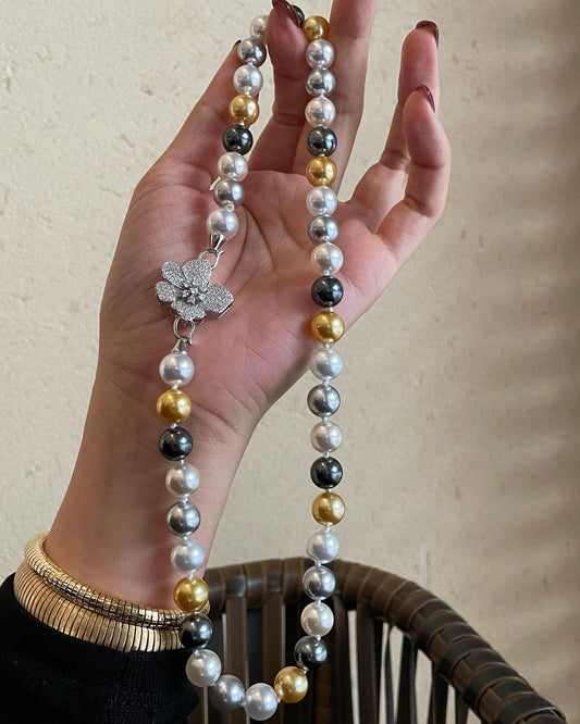 Maillard Color Pearl Necklace | 10mm Mixed Pearl S925 Silver Diamond Flower Clasp
