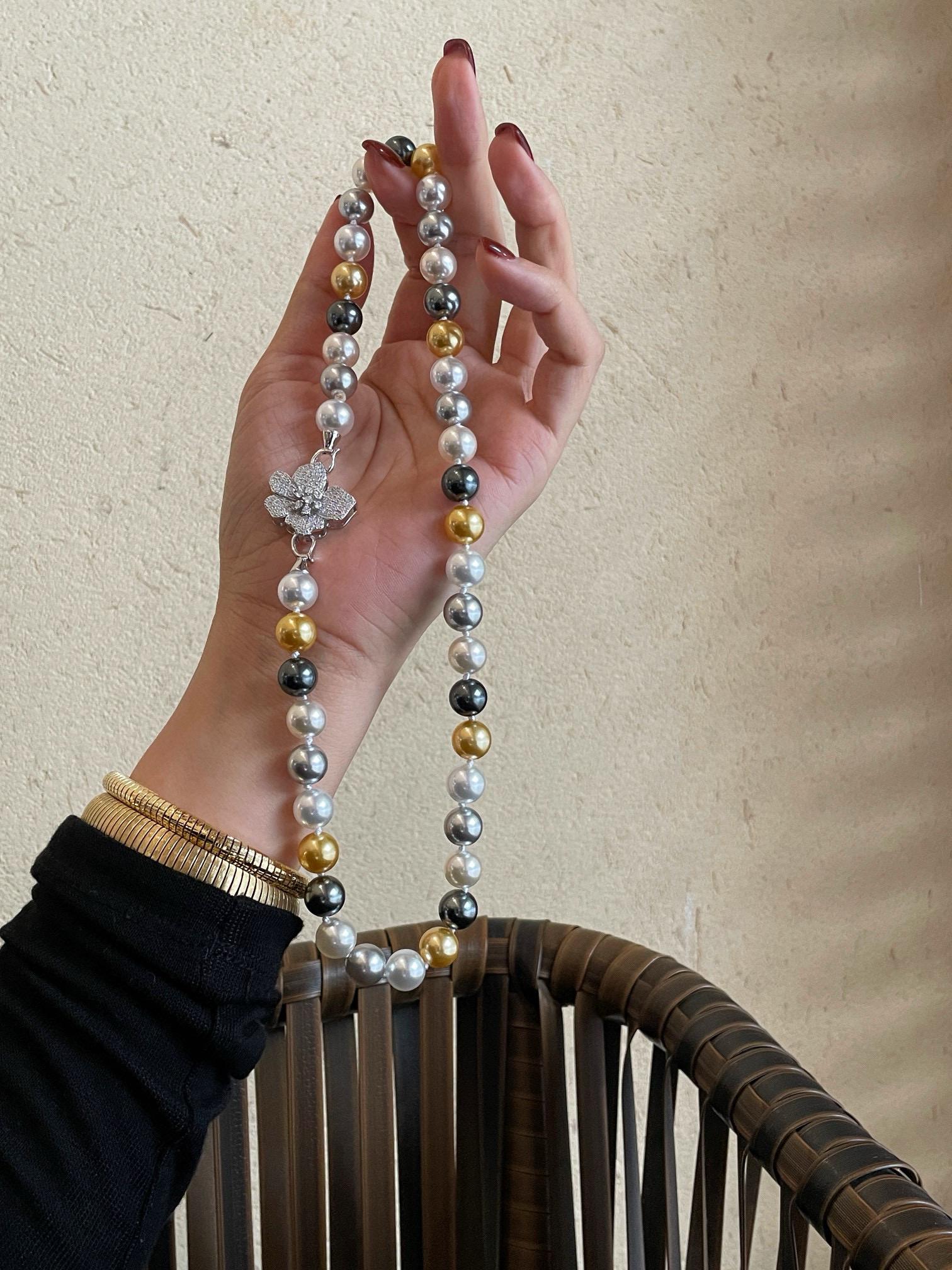 Maillard Color Pearl Necklace | 10mm Mixed Pearl S925 Silver Diamond Flower Clasp