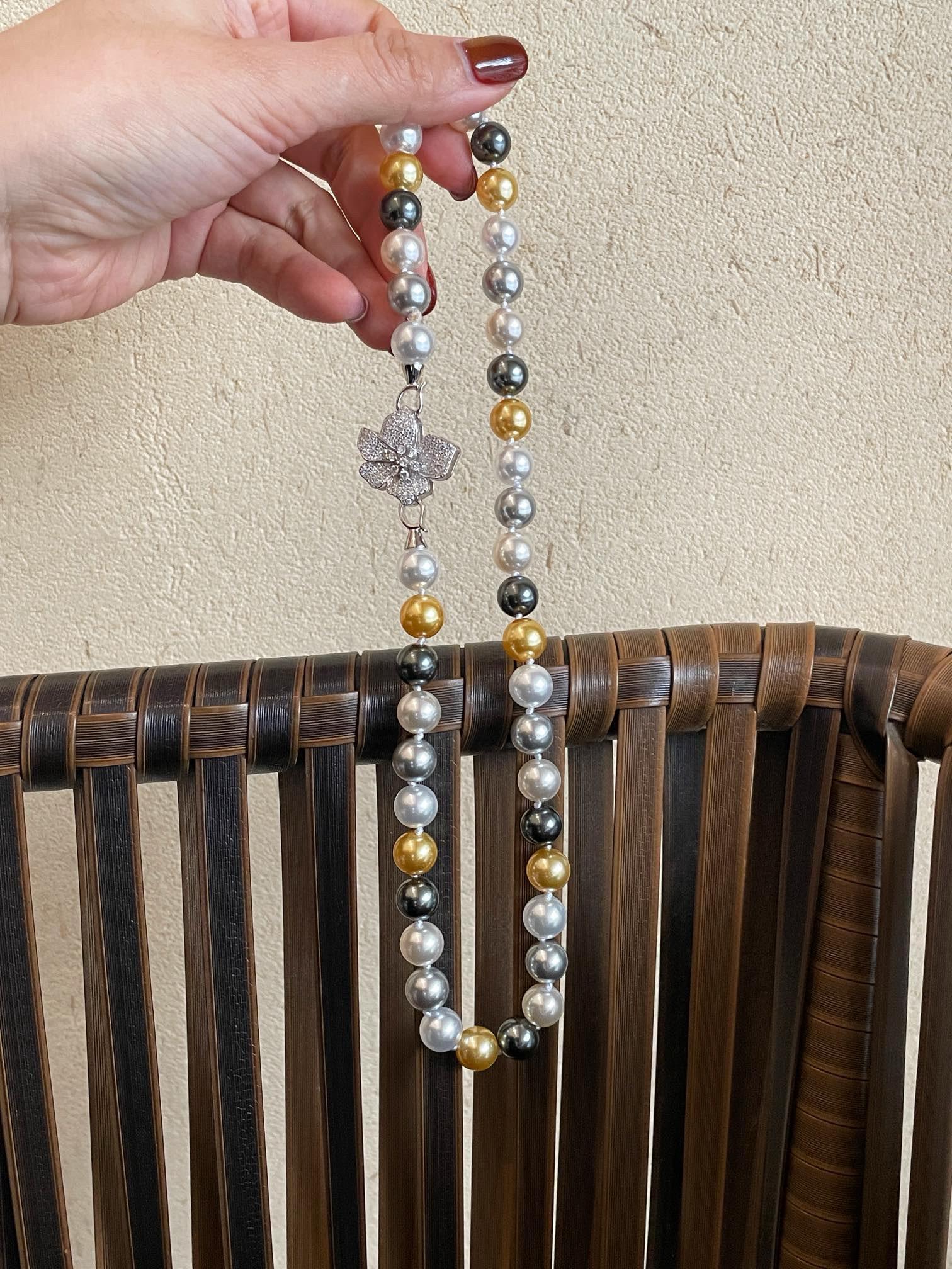 Maillard Color Pearl Necklace | 10mm Mixed Pearl S925 Silver Diamond Flower Clasp