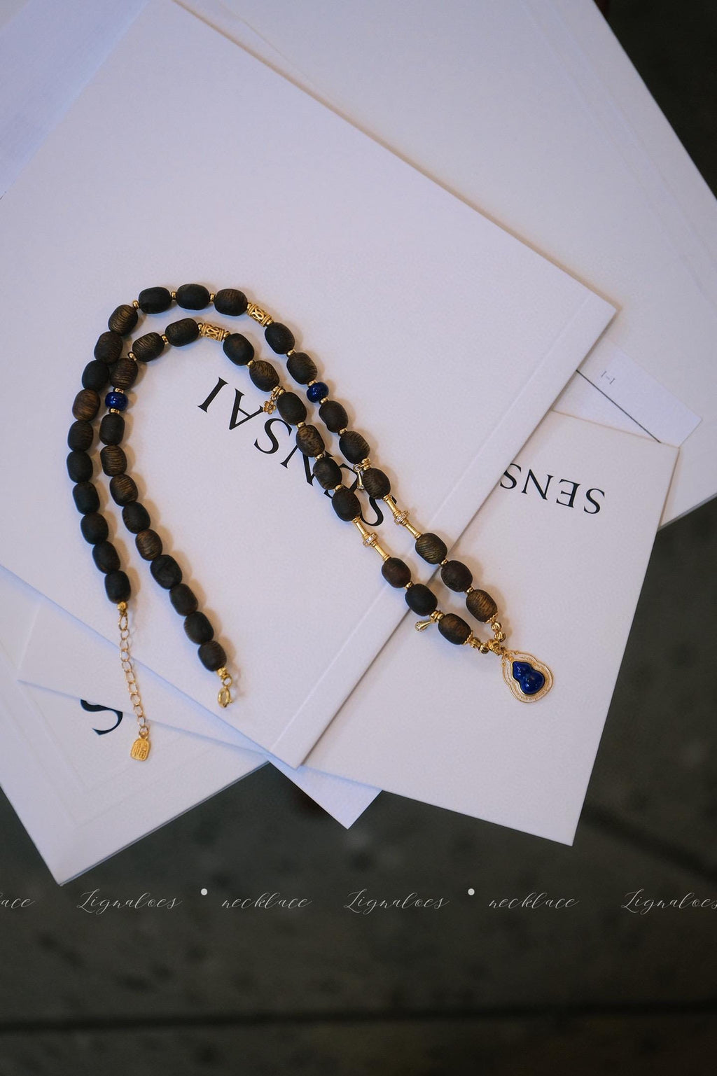 Autumn Story Agarwood Necklace | 5-6mm Green Kynam Scarwood Lapis Lazuli S925 Gold-Plated