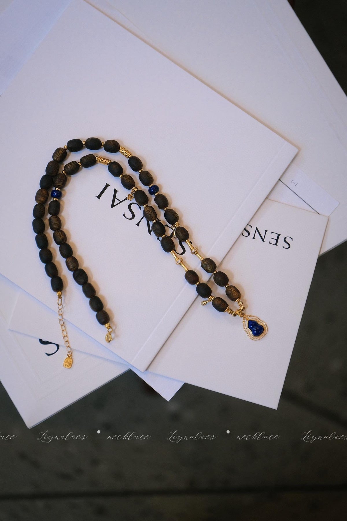 Autumn Story Agarwood Necklace | 5-6mm Green Kynam Scarwood Lapis Lazuli S925 Gold-Plated