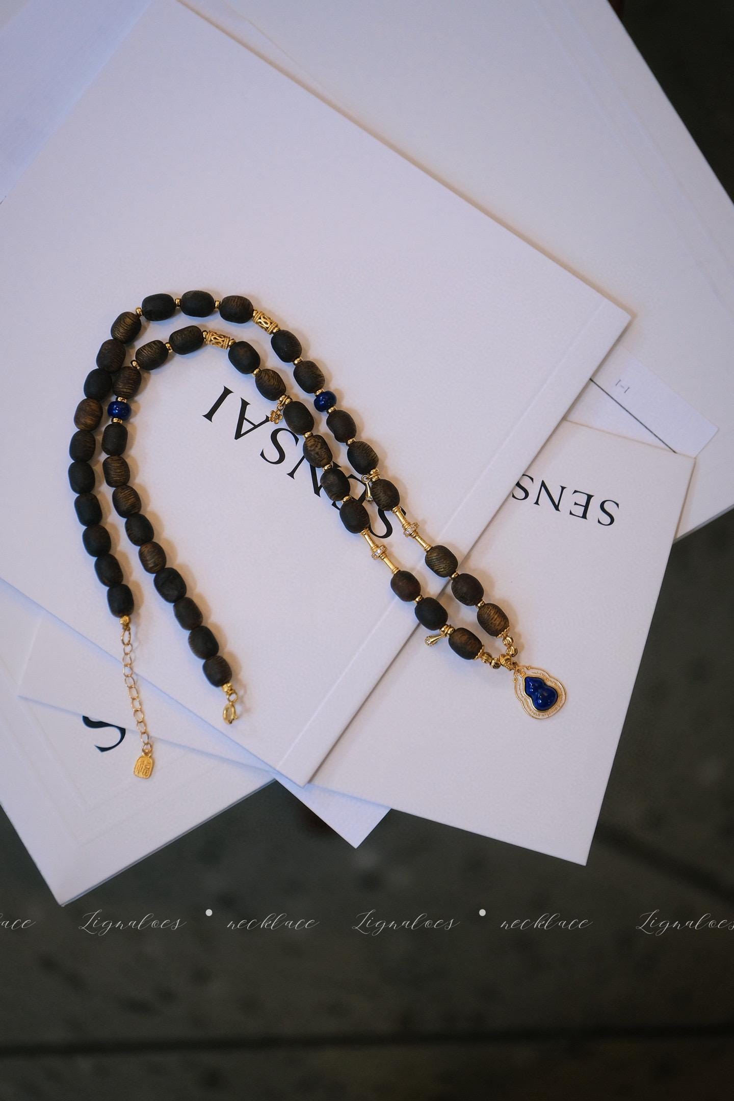 Autumn Story Agarwood Necklace | 5-6mm Green Kynam Scarwood Lapis Lazuli S925 Gold-Plated