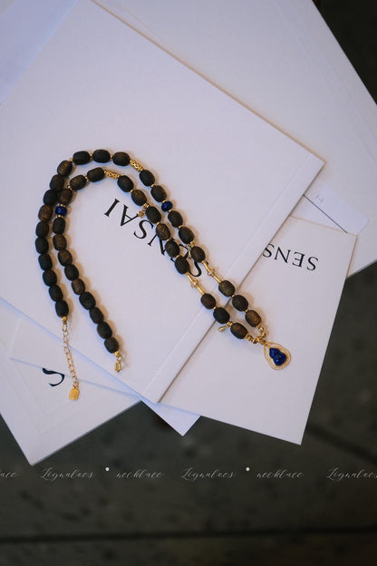 Autumn Story Agarwood Necklace | 5-6mm Green Kynam Scarwood Lapis Lazuli S925 Gold-Plated