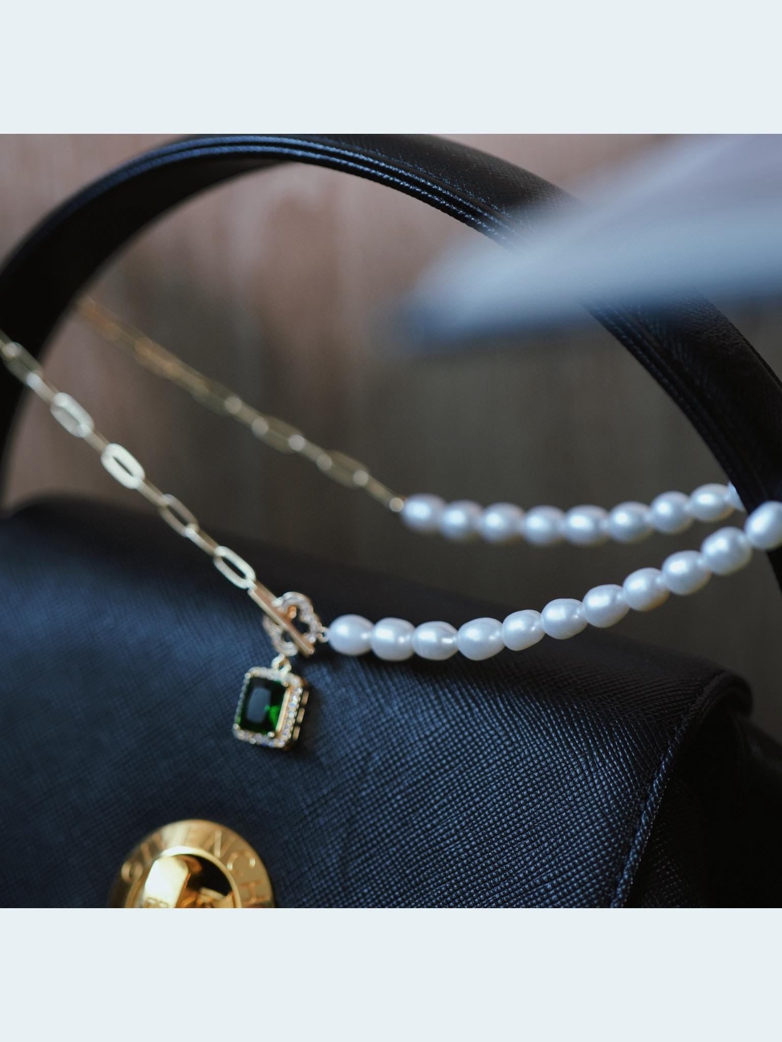 Pearl Chain Necklace | Emerald Zircon Pendant, 45cm