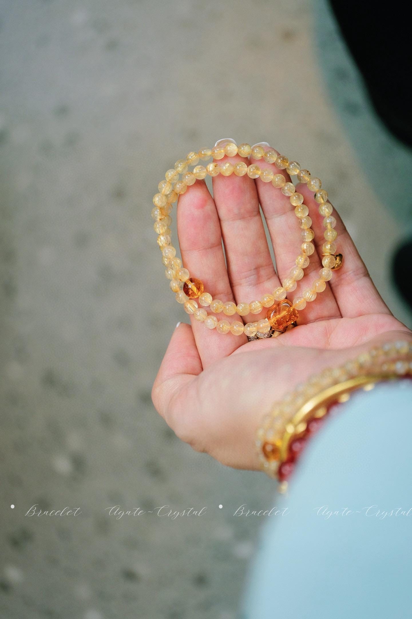 Double-Loop Rutilated Quartz Bracelet | 5mm Silver Gold-Plated Amber Accent