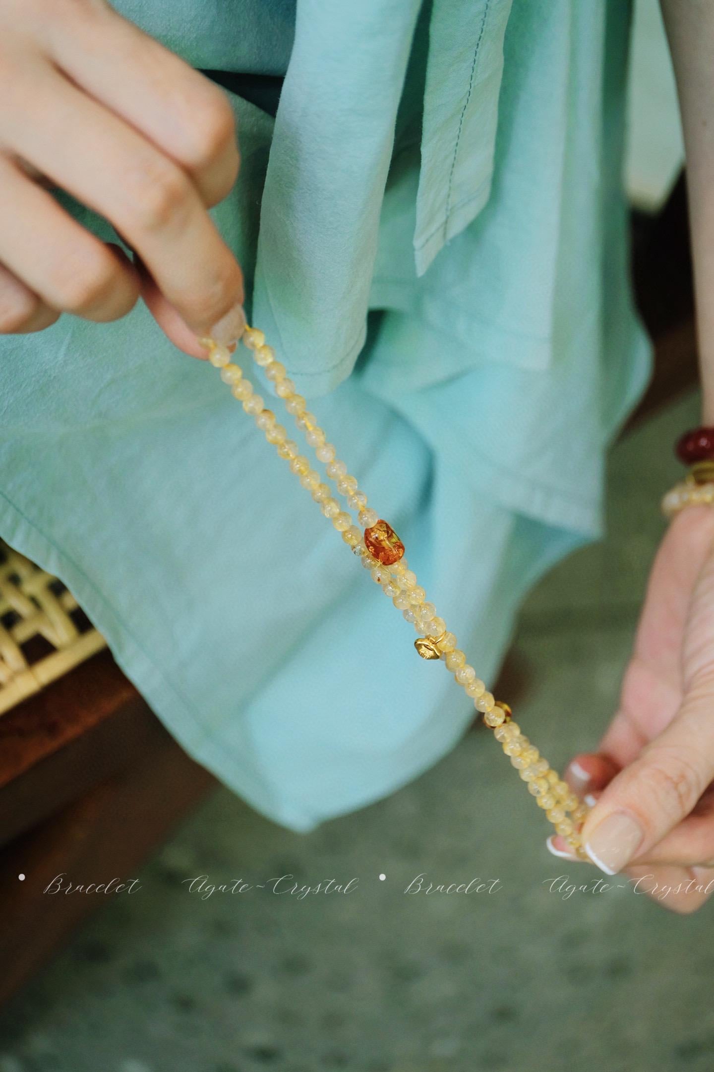 Double-Loop Rutilated Quartz Bracelet | 5mm Silver Gold-Plated Amber Accent