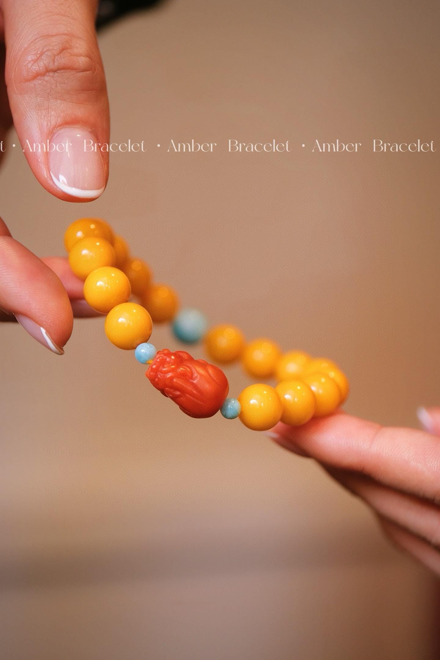 Amber Nanhong Bracelet | 10mm Beeswax Amber with Pixiu Charm
