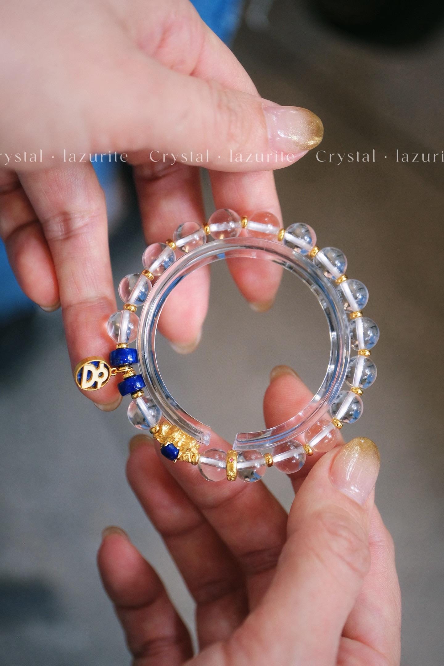 Clear Quartz Lapis Lazuli Bracelet | 8mm S925 Silver Gold-Plated Charm