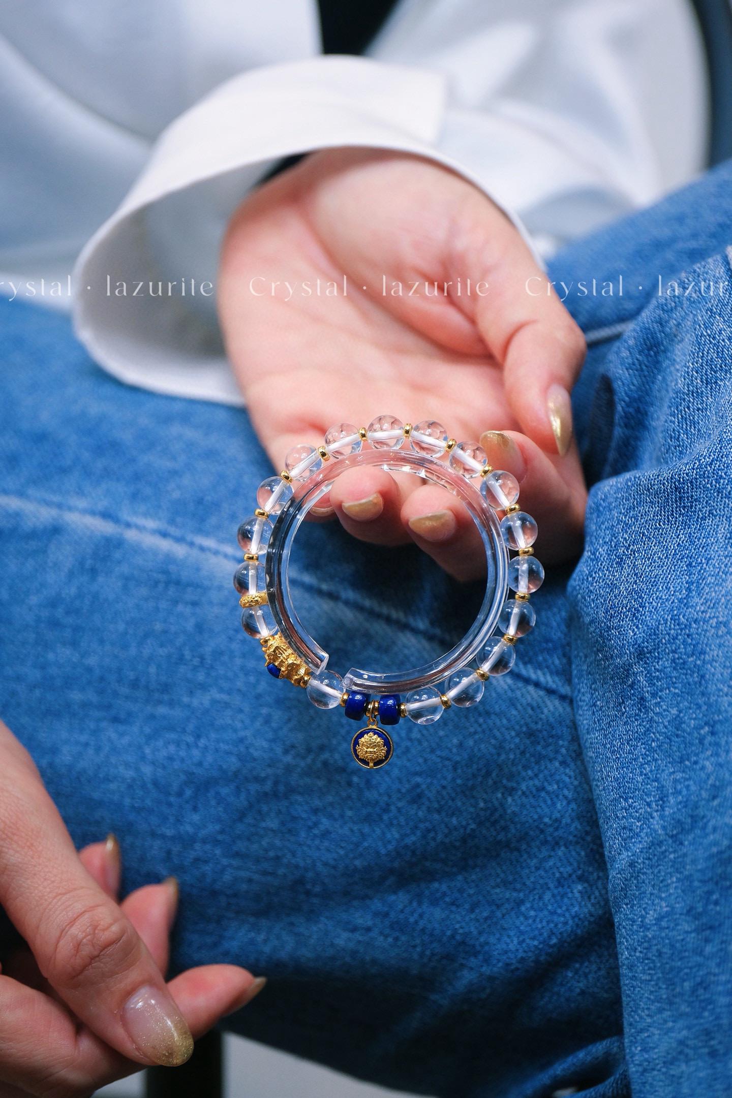 Clear Quartz Lapis Lazuli Bracelet | 8mm S925 Silver Gold-Plated Charm