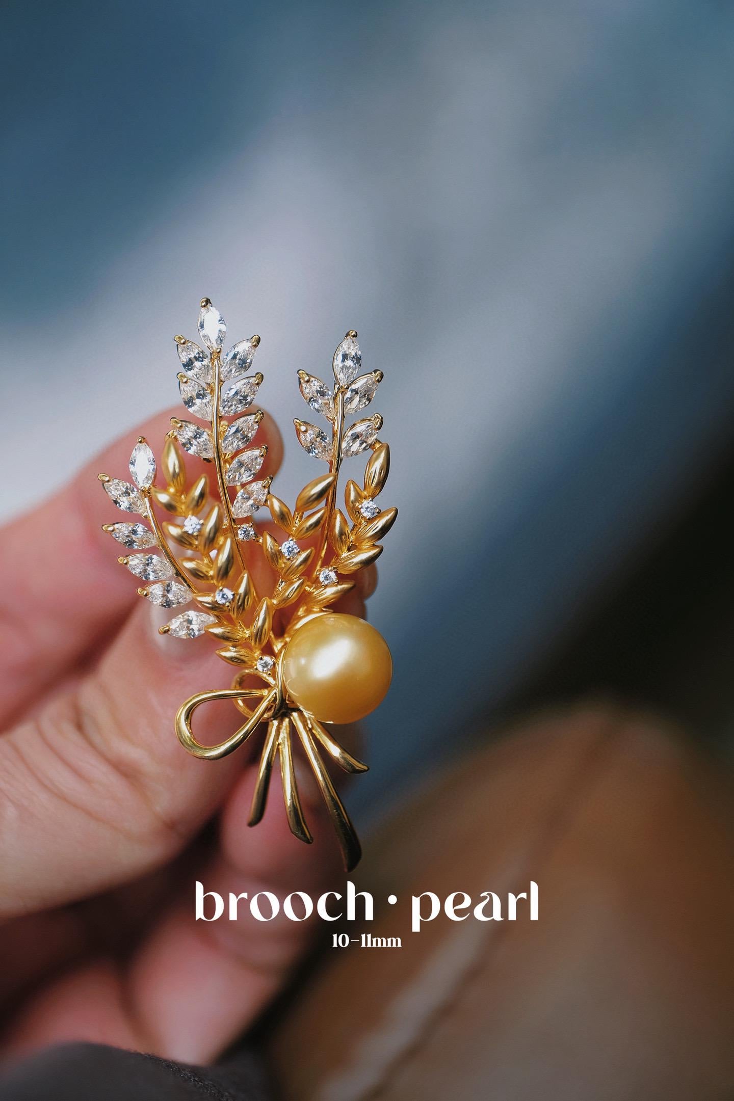 Wheat Golden Seawater Pearl Brooch | 10-11mm Zircon Accent Pin