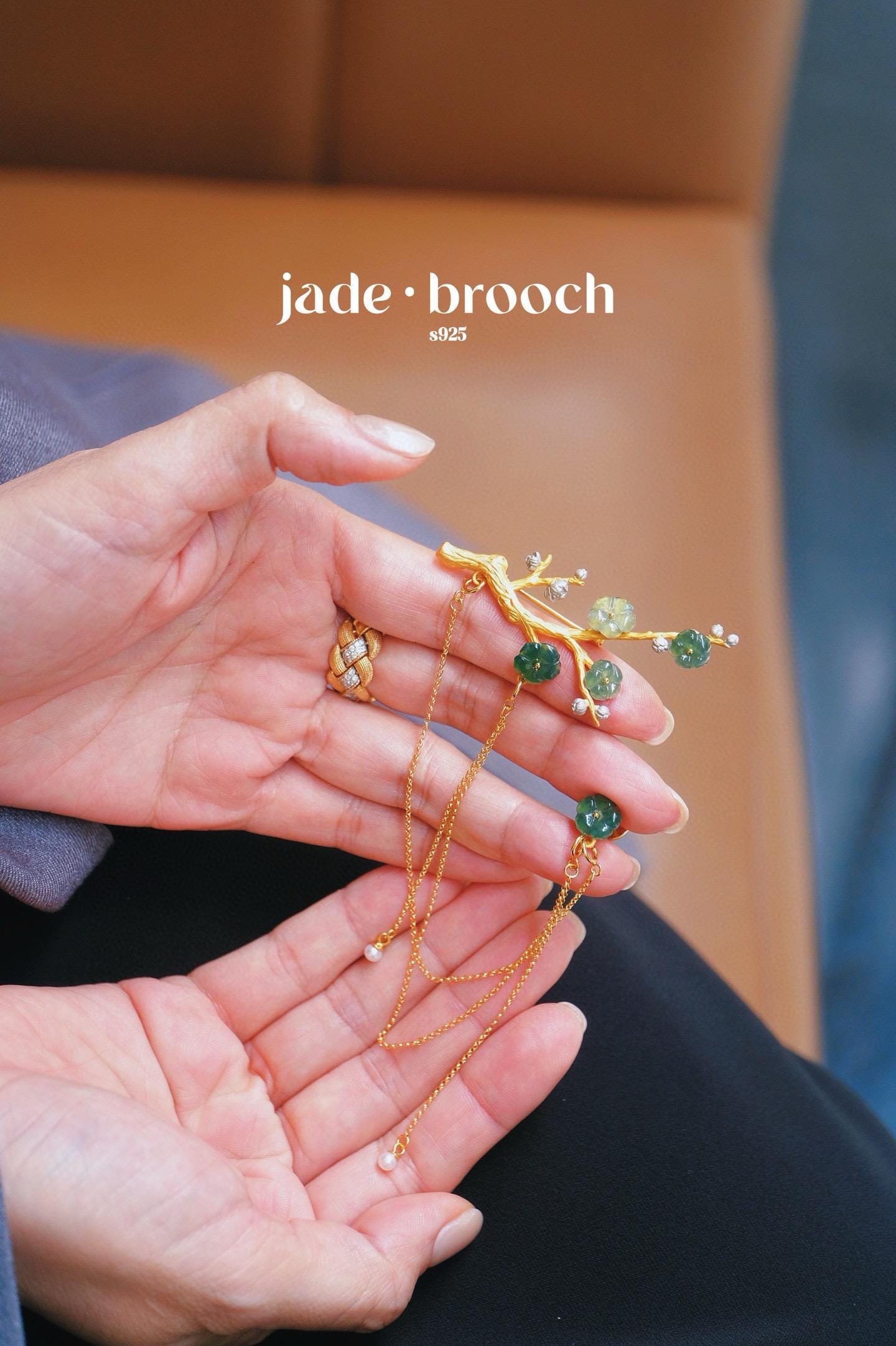 Jadeite Plum Blossom Brooch | Convertible Silver Gold-Plated Multi-Wear Pin