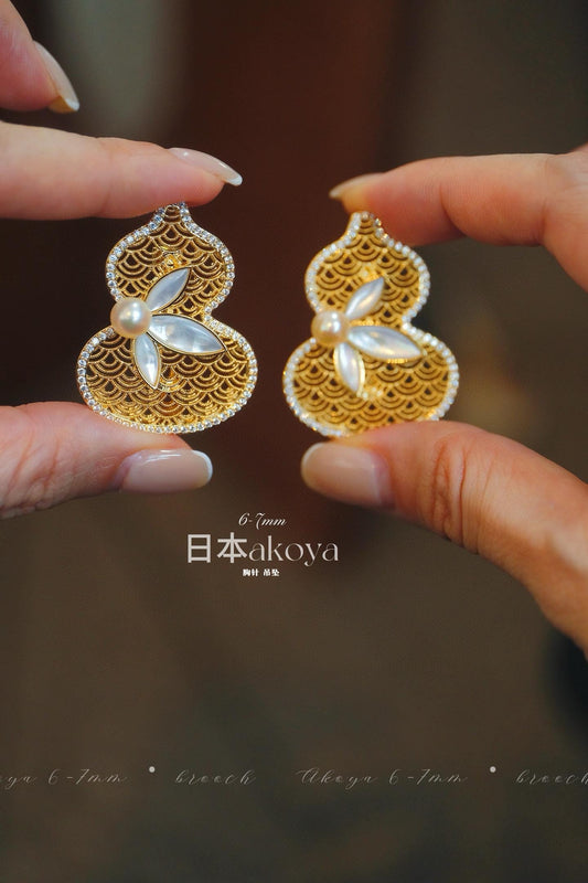Modern Chinese Hulu Brooch Pendant | 6-7mm Akoya Pearl 2-in-1
