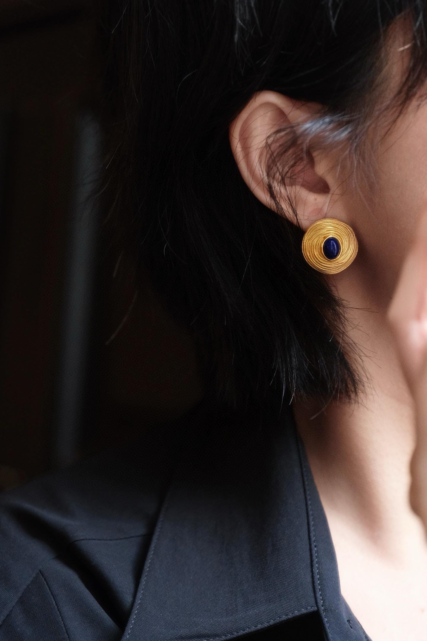 Vintage Lapis Lazuli Stud Earrings | Sterling Silver Heavy-Duty Earrings