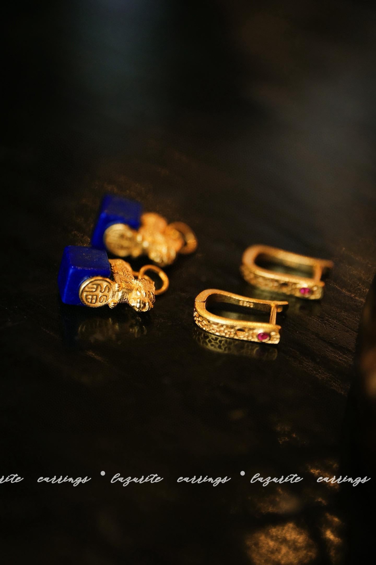 Lapis Lazuli Pixiu Ear Buckles | Silver Gold-Plated Fortune Charm Earrings