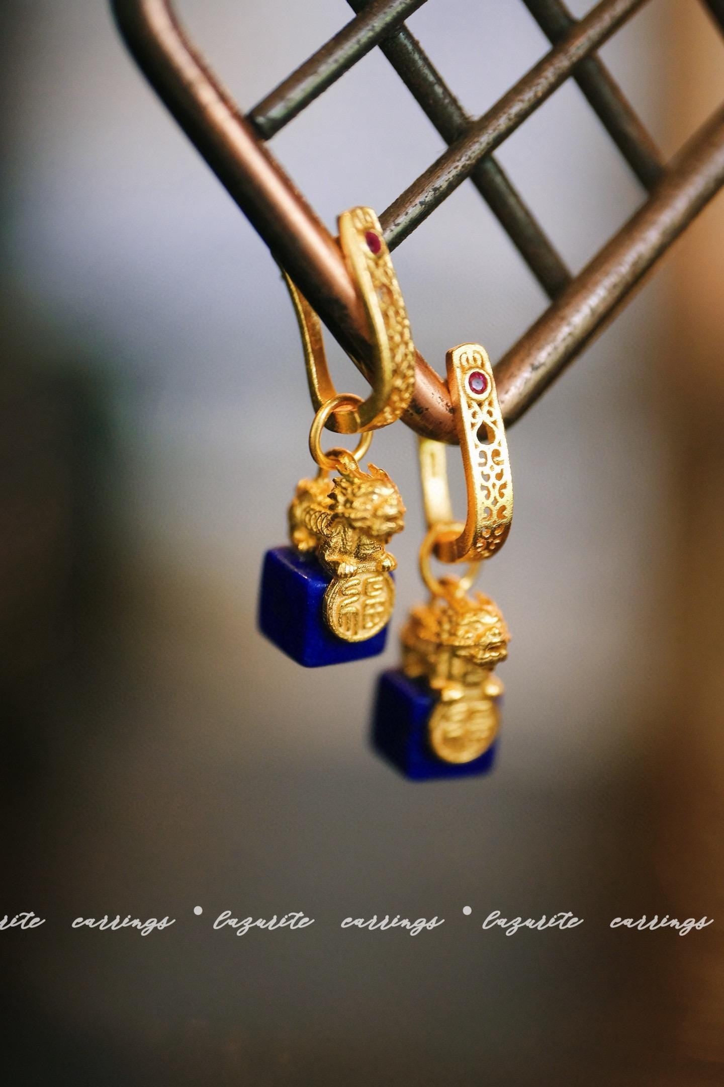Lapis Lazuli Pixiu Ear Buckles | Silver Gold-Plated Fortune Charm Earrings