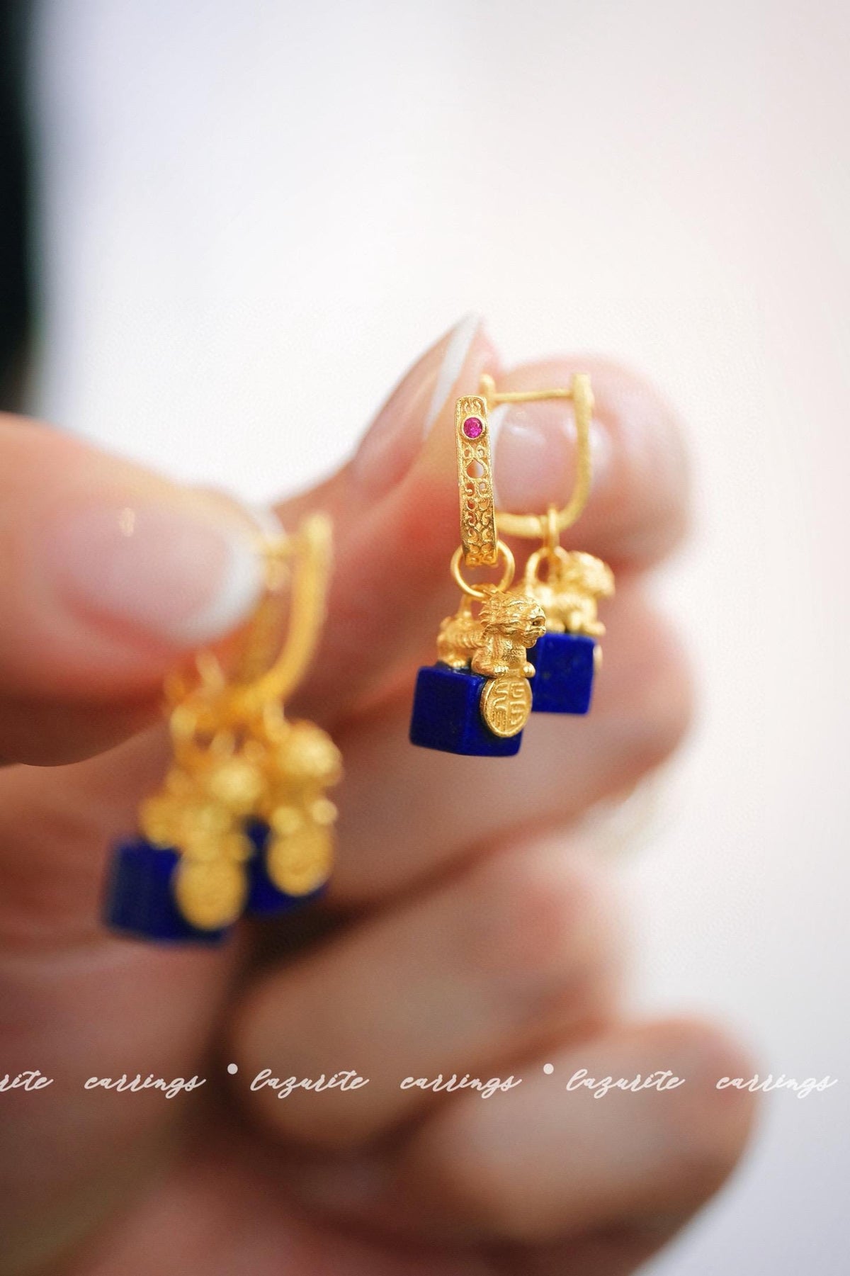 Lapis Lazuli Pixiu Ear Buckles | Silver Gold-Plated Fortune Charm Earrings