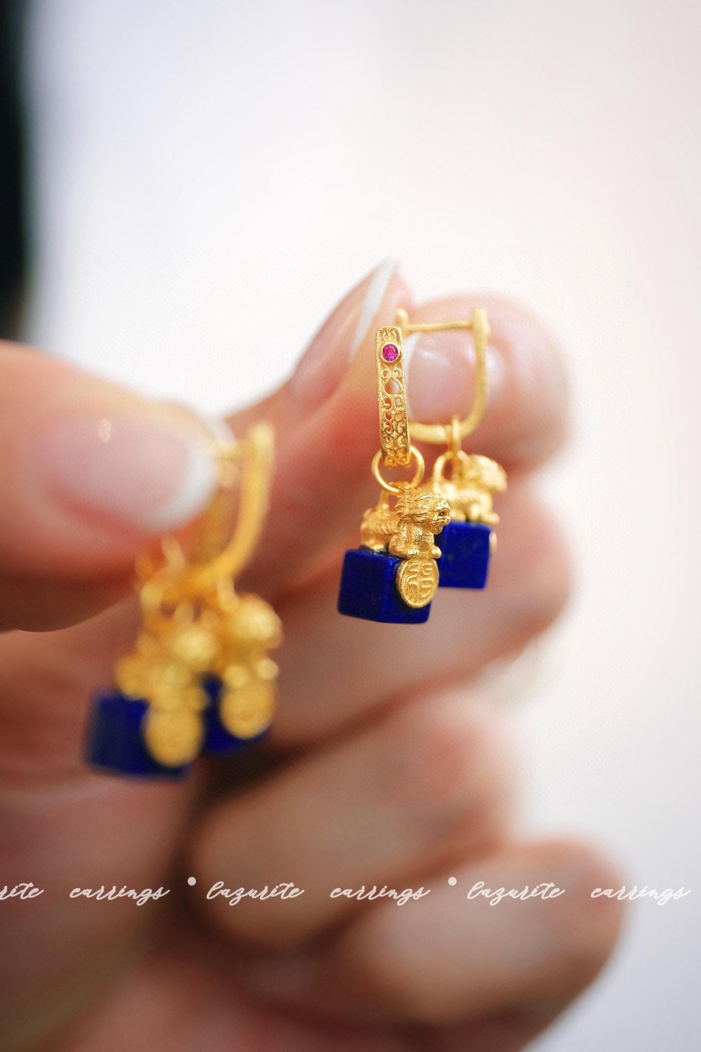Lapis Lazuli Pixiu Ear Buckles | Silver Gold-Plated Fortune Charm Earrings