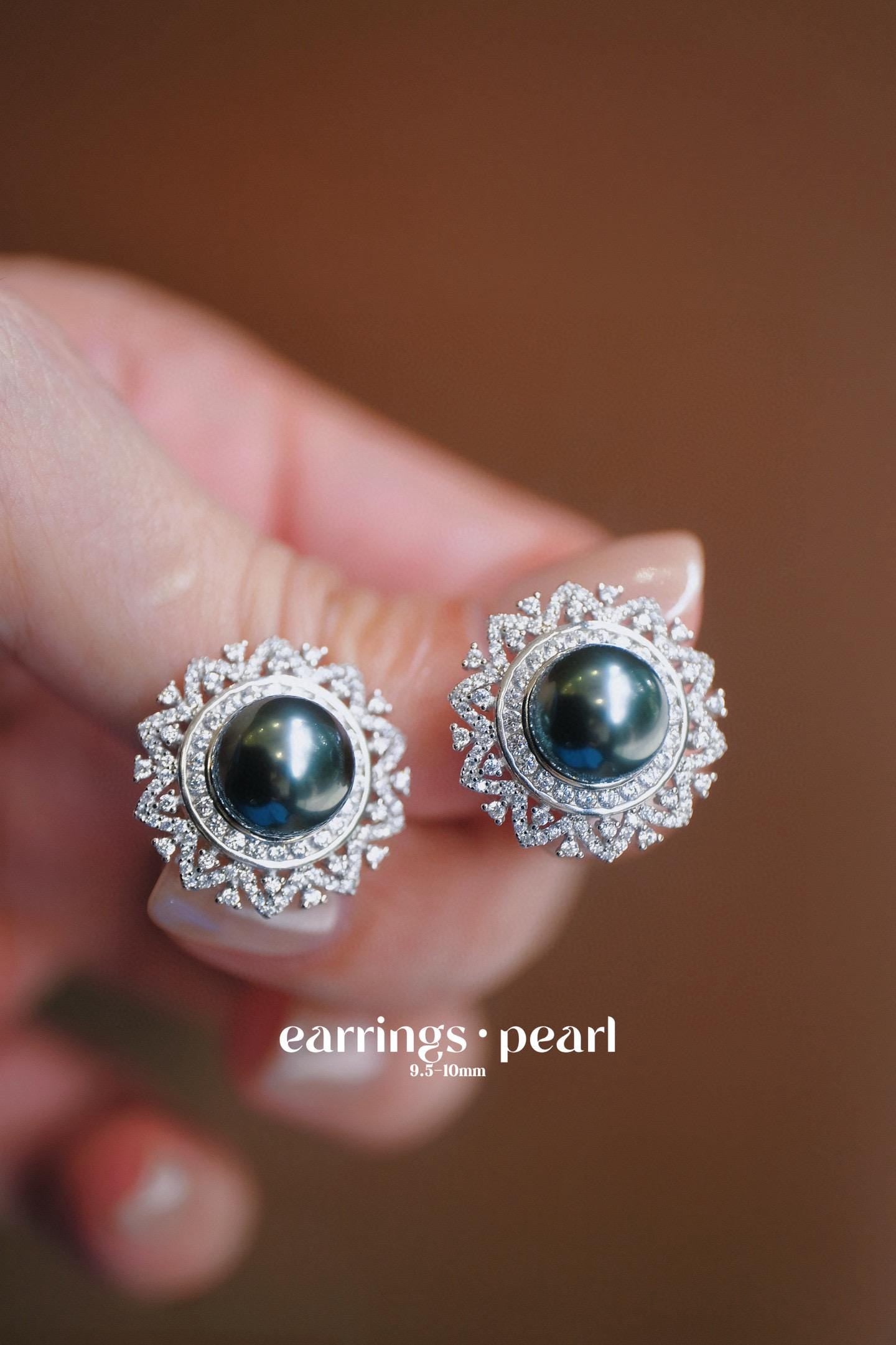 Tahitian Pearl Earrings | 9.5-10mm Pearl Zircon Dangles